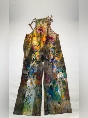 Boho Watercolor Floral Wide-Leg Jumpsuit - Size L